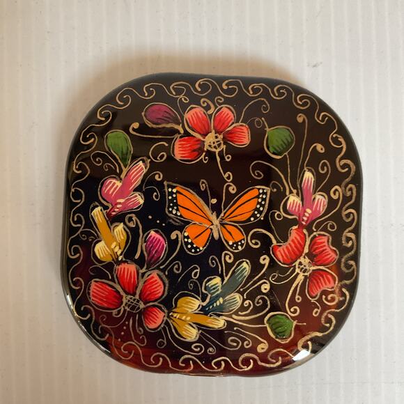 Hand-Painted Mexican Compact Mirror Monarch Butterfly Michoacán Gold Foil Art - Picture 1 of 8